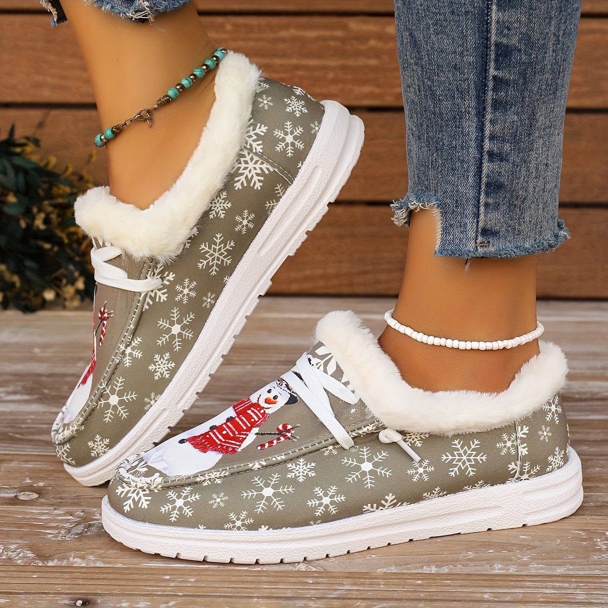 Snowman Pattern Canvas Shoes, Lightweight Plush Lined Sneakers